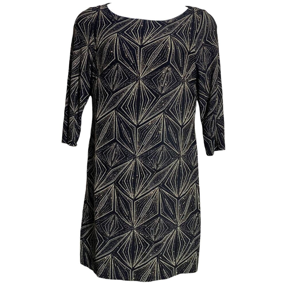 JH Evenings black‎ w/ silver & gold metallic details knee length dress - size 16